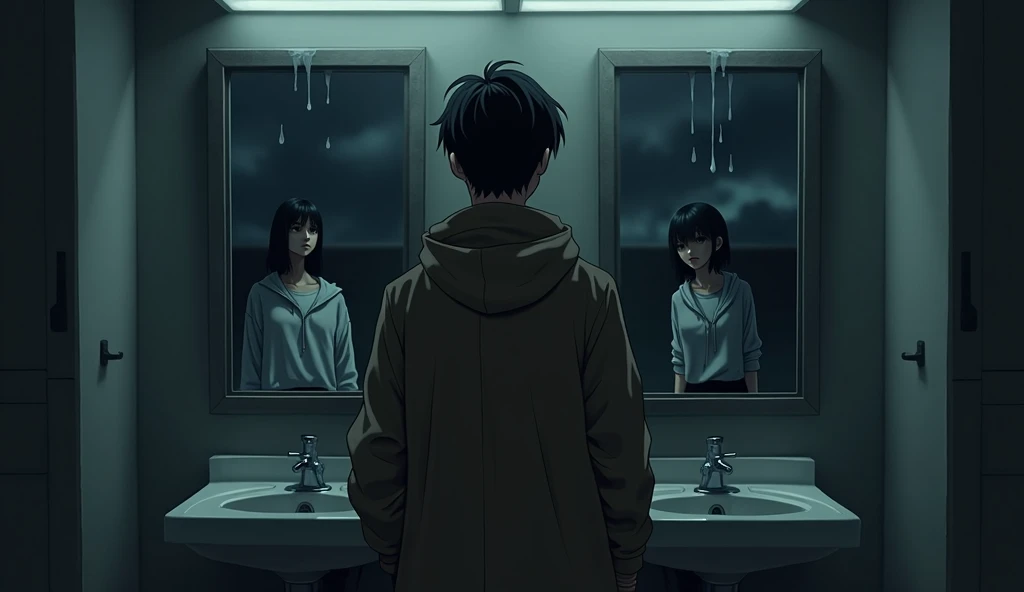 On a pitch-black night, a multitude of dark clouds covered the upper part of a university campus. In a bathroom near a building, water stains clung to the mirror. A tall, slender young man with short dark hair, wearing a raincoat and a white shirt underneath, was looking at the mirror. After a moment, a woman appeared behind him. She wore a hoodie over a white collared shirt and a black skirt, with shoulder-length black hair. She stared at the same mirror, but due to the darkness, her face was not clearly visible.
