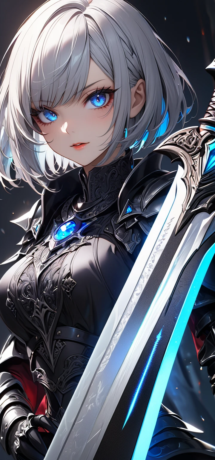Ultra high resolution, rich colors, perfect image, top quality, detailed image, beautiful woman, glowing skin, skin and clothing texture, delicate eyes, dark and sinister armor, sinister buster sword, silver hair bob, blue eyes