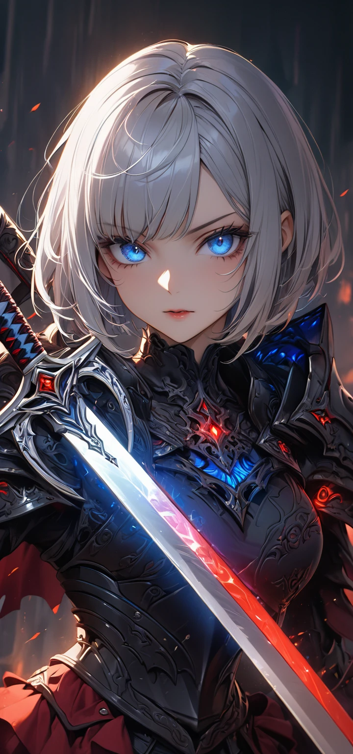 Ultra high resolution, rich colors, perfect image, top quality, detailed image, beautiful woman, glowing skin, skin and clothing texture, delicate eyes, dark and sinister armor, sinister buster sword, silver hair bob, blue eyes