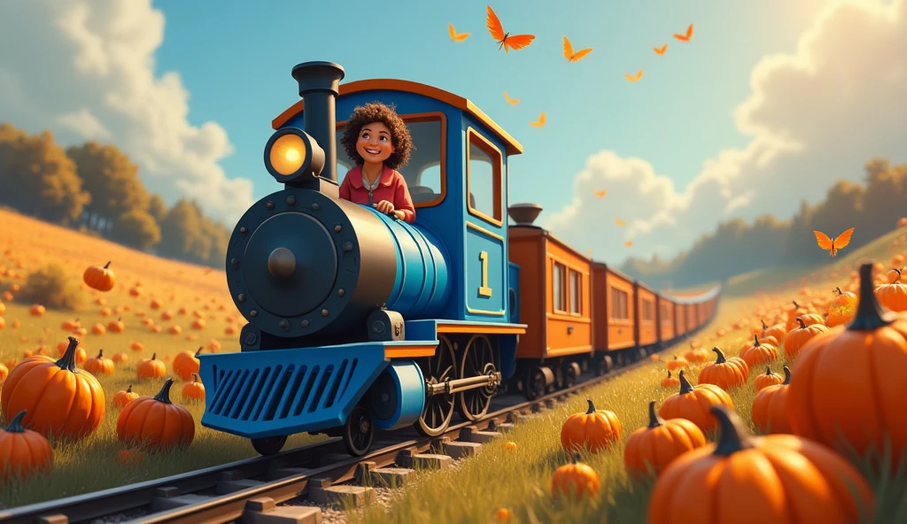 The blue train goes everywhere, I met a call of love in the morning, the route goes around the pumpkin patch, smiling without loneliness
