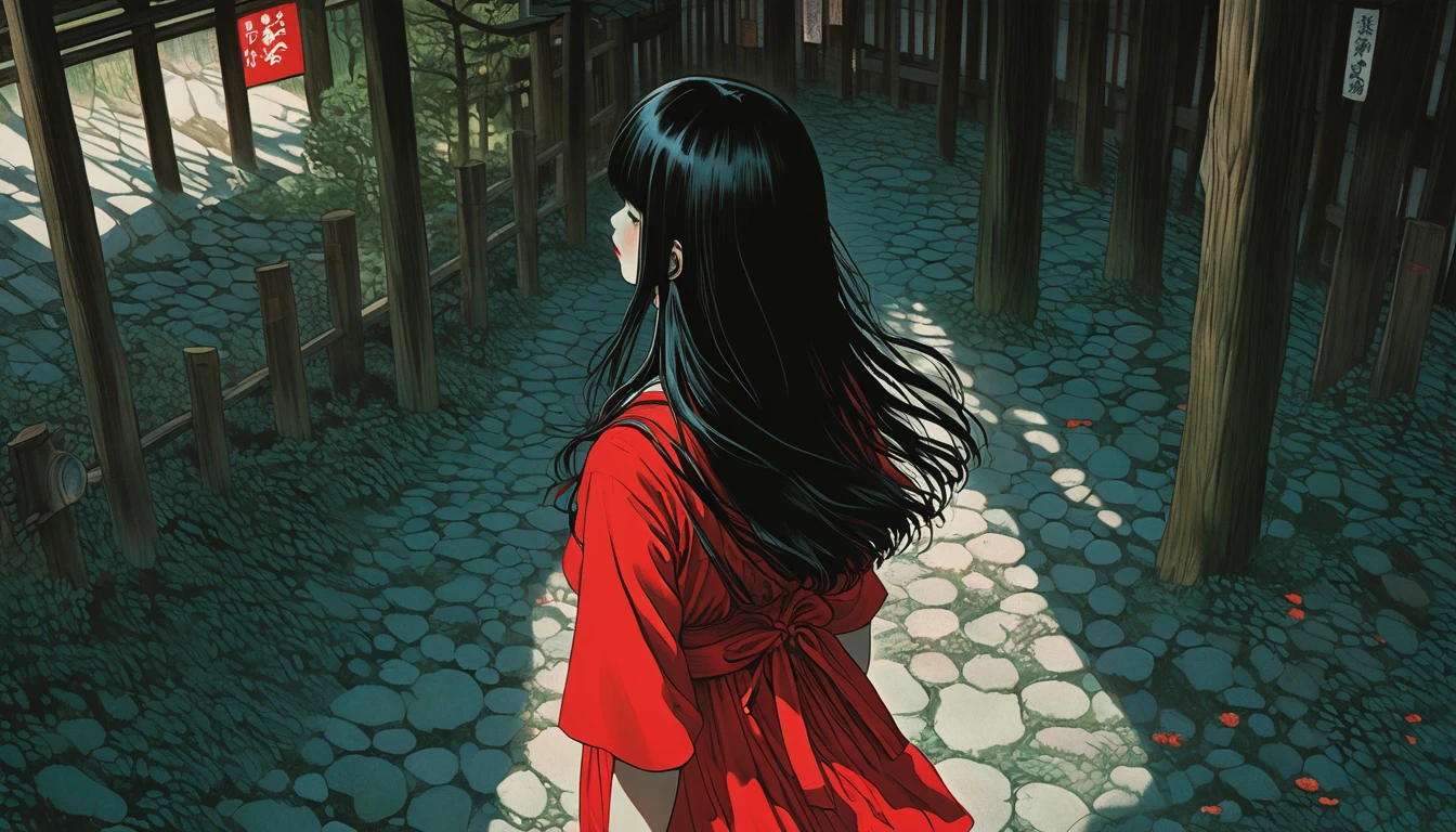 An illustration、art、Horror, Supervised by Junji Ito、Attention to detail, Realistic shadows、Analog Style, chromatic aberration, Surrealism、Shrine maiden