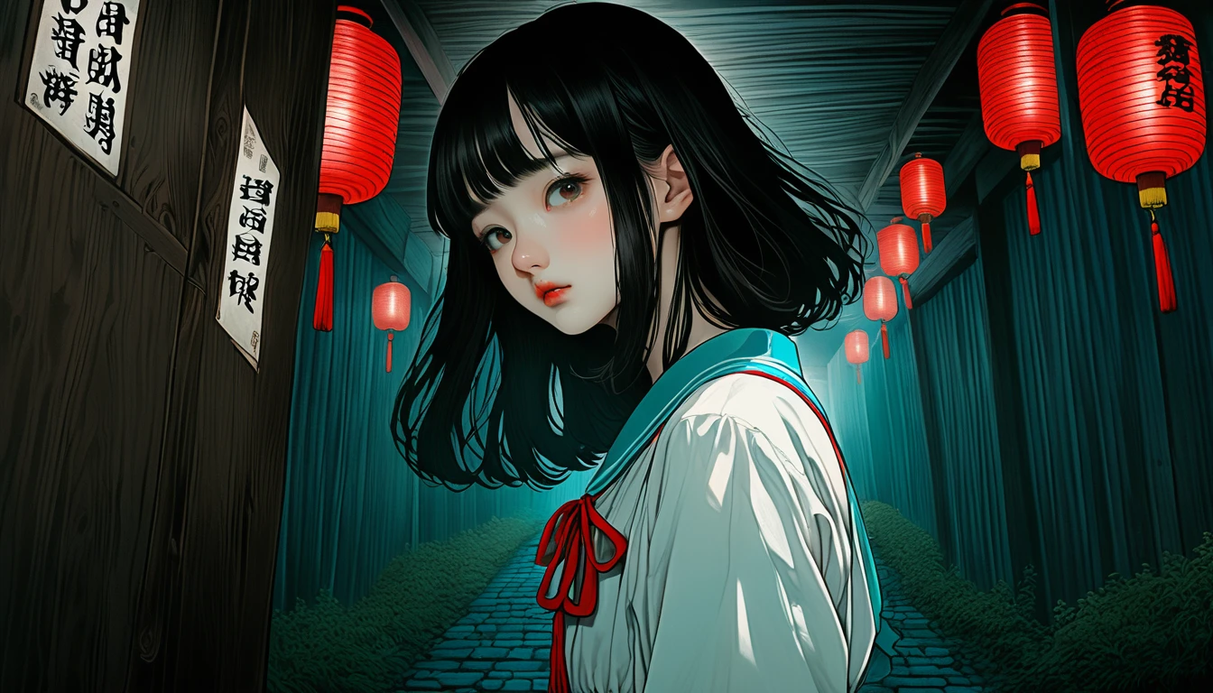 An illustration、art、Horror, Supervised by Junji Ito、Attention to detail, Realistic shadows、Analog Style, chromatic aberration, Surrealism、Shrine maiden