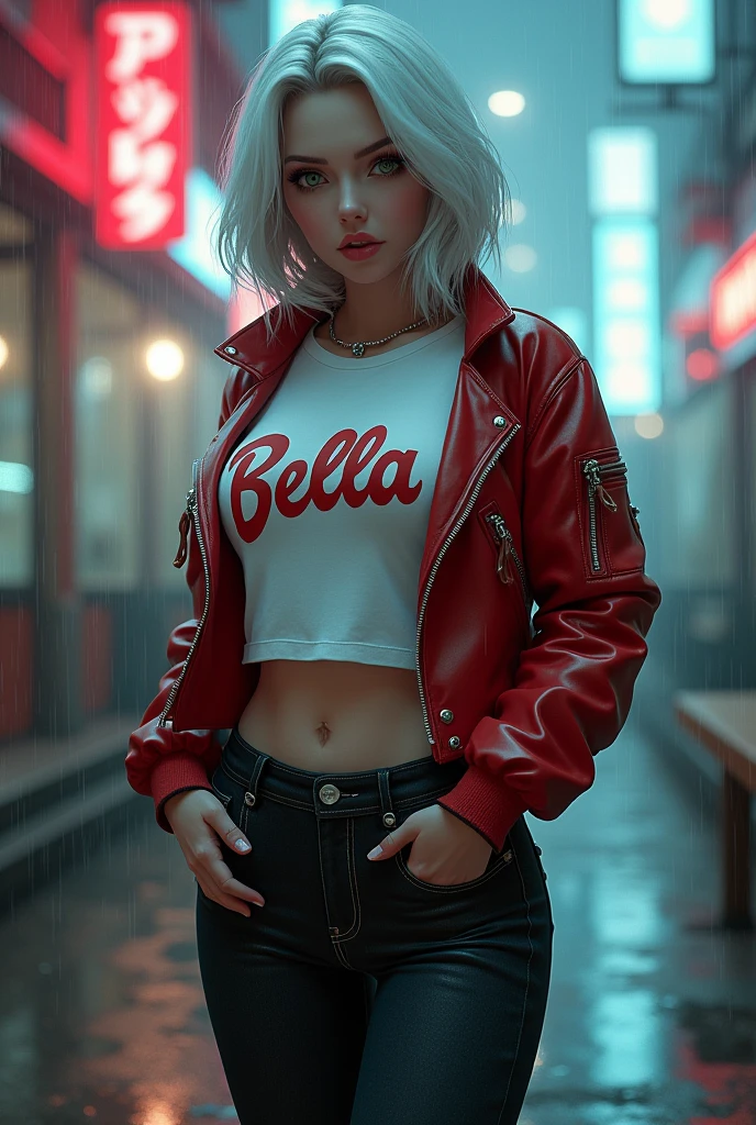 Kizi, pele caucasiana, 20 year, White hair, wearing black jeans, wearing black boots, White T-Shirt and her name 'BELLA' has written on that with Red aviator jacket, greeneyes,curved body, cocked ass, medium breasts, cyberpunk atmosphere, Raby, アニメ, sexy pose lowering pants showing white panties, ahegao.