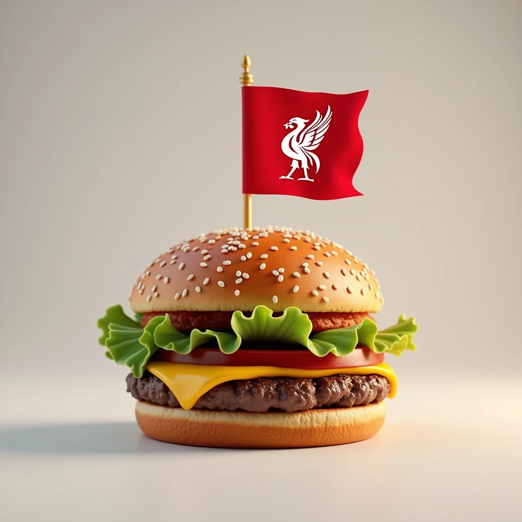 Hamburger with Liverpool flag on top of bread