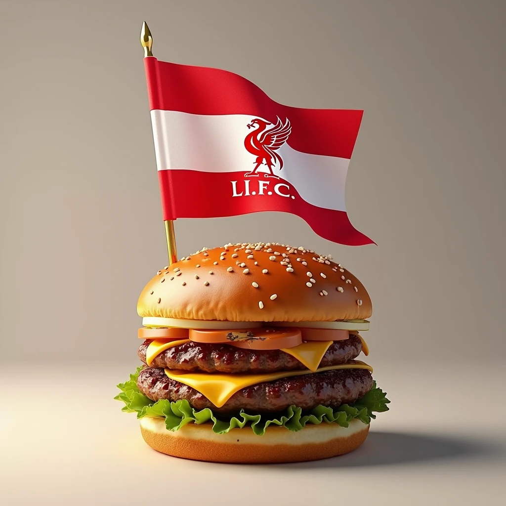 Hamburger with Liverpool flag on top of bread