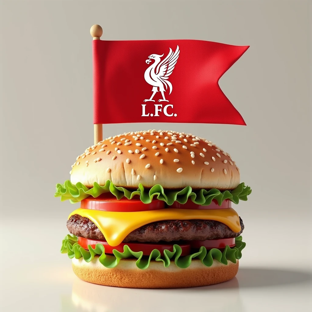 Hamburger with Liverpool flag on top of bread
