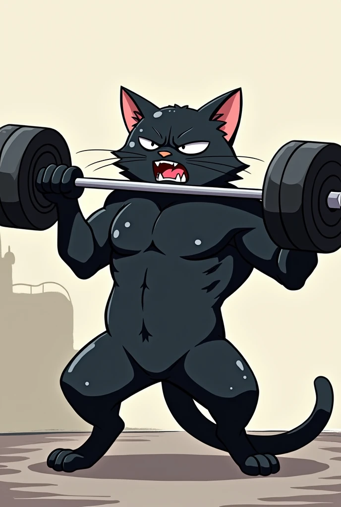 A black cat is doing muscle training、Lifting dumbbells、Anime Style、Human figure、A painful face、Sweating