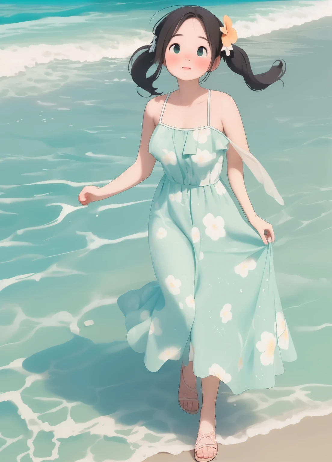 (masterpiece、Highest quality、Highest quality、Official Art、Beautiful and beautiful:1.2)、(One person:1.3)Hatsune Miku、Twin tails,Beautiful breasts, Katsushika Hokusai,There is a woman walking in the water at the beach, Wearing a Hawaiian dress, Elegant tropical print, photo shoot, 熱帯のAt the Beach, Tropical style, Offshore water, 海のあるAt the Beachポーズをとる, Wearing a summer dress, Sundress, Tube top dress, Wearing a floral-patterned kitten, At the Beach, wearing Sundress, Offshore