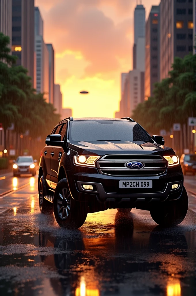 Ford Endeavour 2012 model having it's number plate as MP20 CH 0099 parked in a lavish city in monsoon during sunset