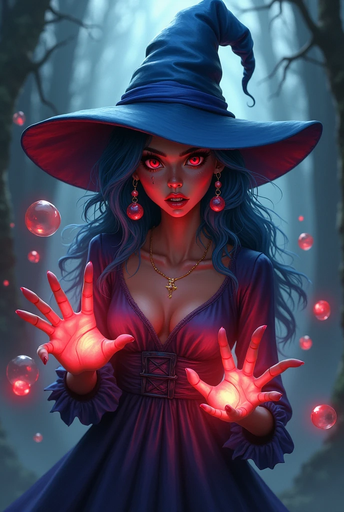 An evil teenage witch with blue and red hair, red eyes, an evil face, a witch hat and a dress. She has to be using her powers, the colors of which are red. Her dress is blue and so is her hat., She wears earrings shaped like soap bubbles and has soap bubbles on her hat, his skin is brown
