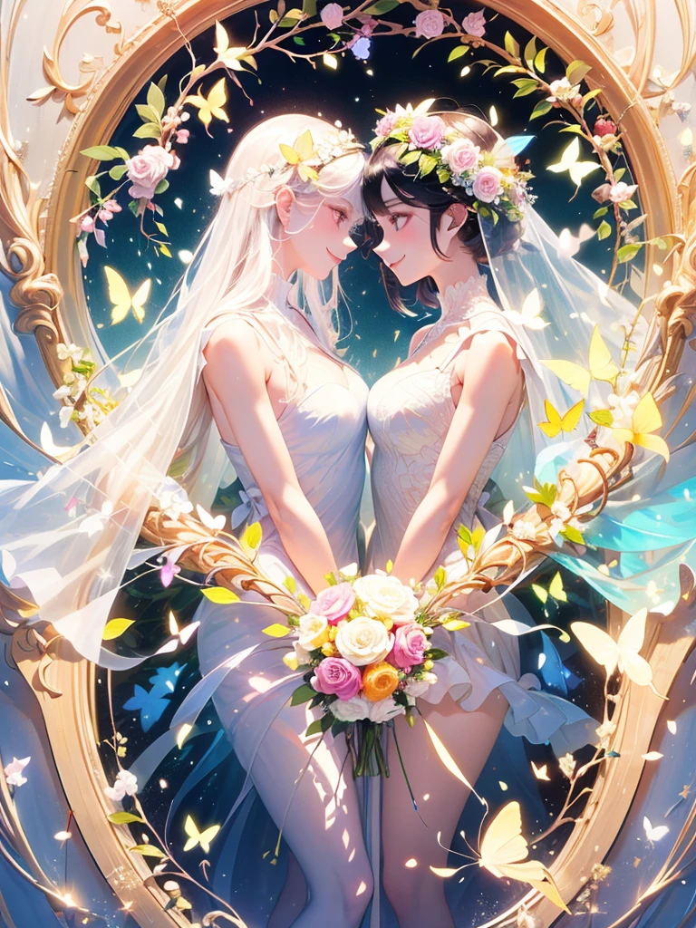 (masterpiece、Highest quality、Highest quality、Beautiful and beautiful:1.2)、(Excellent anatomy:1.5)、Milky white straight hair girl、Butterfly Fairy、Floral costume、A radiant smile、Sparkling eyes、profile、Flowers and leaves on head、Holding a bouquet、Rose Garden