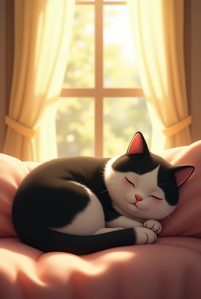 A chubby black and white cat is sleeping with the bright sunlight shining through the window