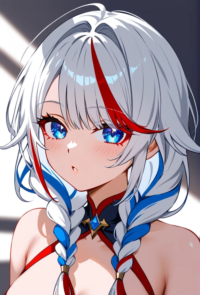 White haired girl with red streaks blue eyes Streaked hair,, Blue eyes Triple braids