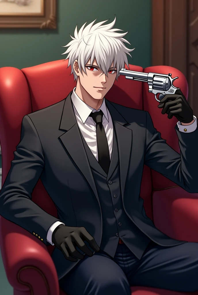 Man with white hair and red eyes, with a slight psychopathic smile, with formal suit, in a room, sitting on a comfortable, pointing a drum-loaded revolver at the side of the head. cheered up. anime.
