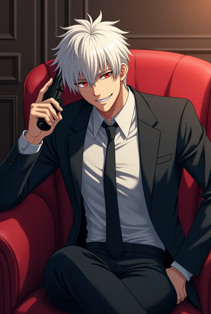 Man with white hair and red eyes, with a slight psychopathic smile, with formal suit, in a room, sitting on a comfortable, pointing a drum-loaded revolver at the side of the head. cheered up. anime.