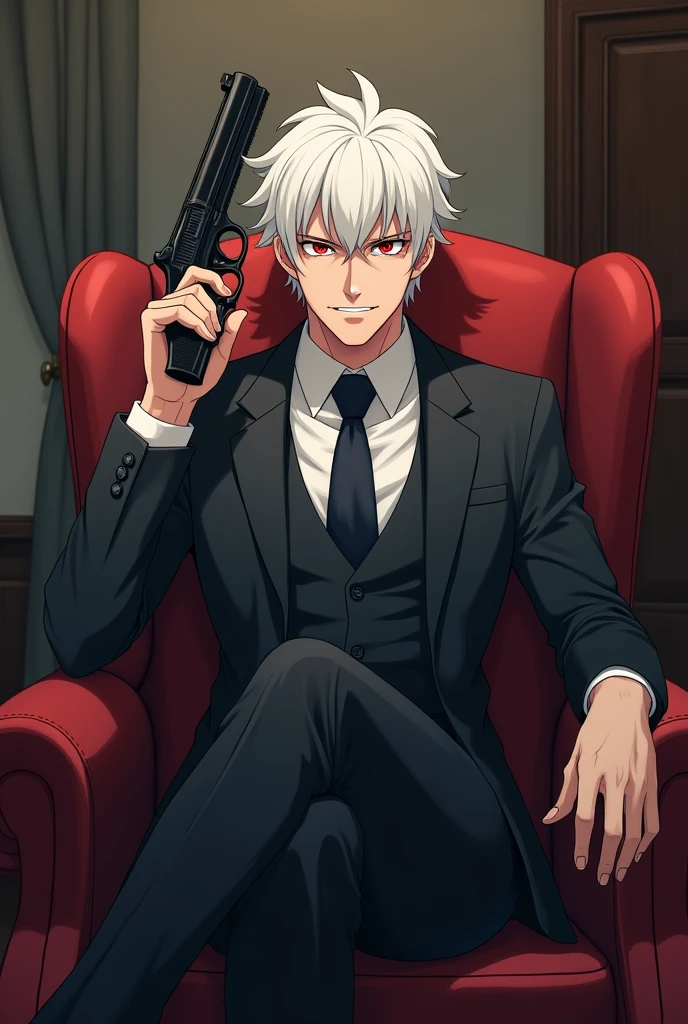 Man with white hair and red eyes, with a slight psychopathic smile, with formal suit, in a room, sitting on a comfortable, pointing a drum-loaded revolver at the side of the head. cheered up. anime.