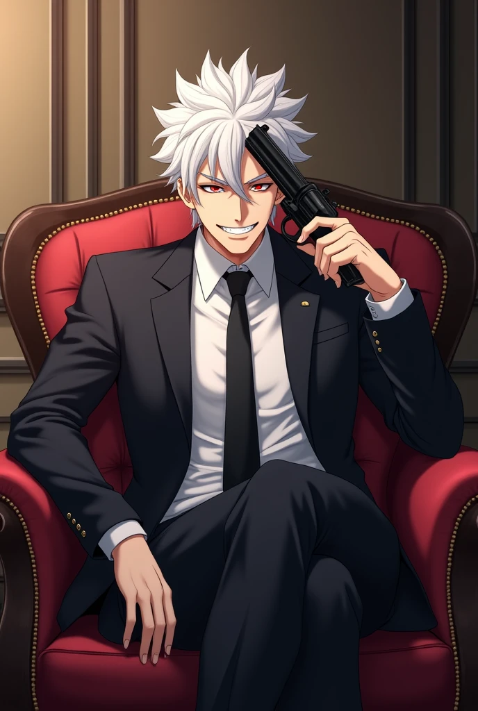 Man with white hair and red eyes, with a slight psychopathic smile, with formal suit, in a room, sitting on a comfortable, pointing a drum-loaded revolver at the side of the head. cheered up. anime.