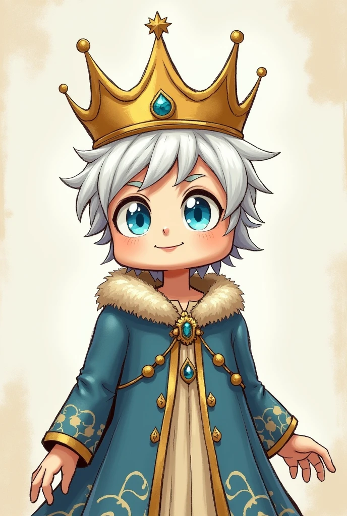 Create a male character with a Roblox head, a crown, white hair, blue eyes and that looks like a hand-drawn drawing.