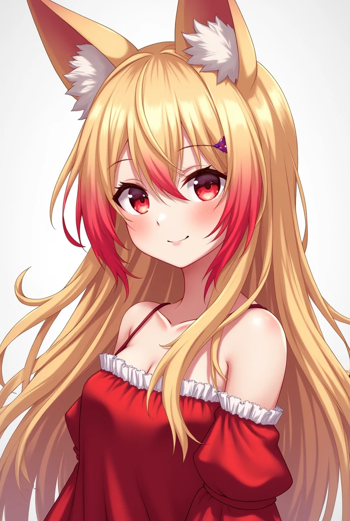 Light blonde anime girl, Eyes red , Red hair highlights in the front of the hair, blonde fox ears, ssmile
, long hair, face photo, red fashion dress clothes, older face () 