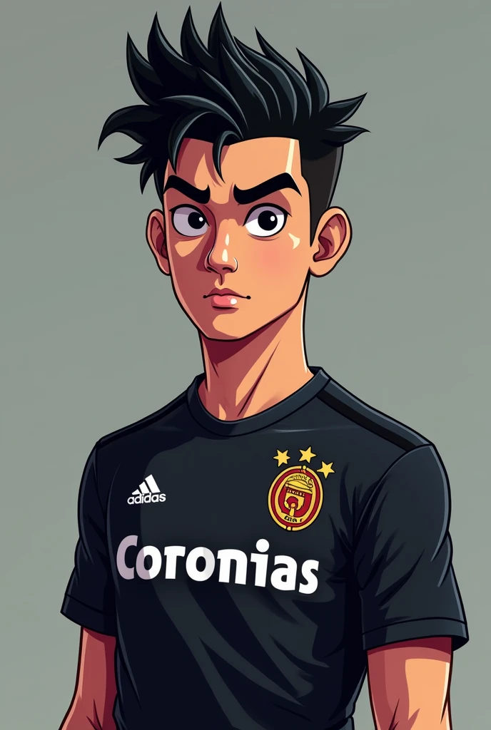 Cartoon style male character, with black spiky hair, with black eyes, dressed in a black Corinthians shirt, blacksad