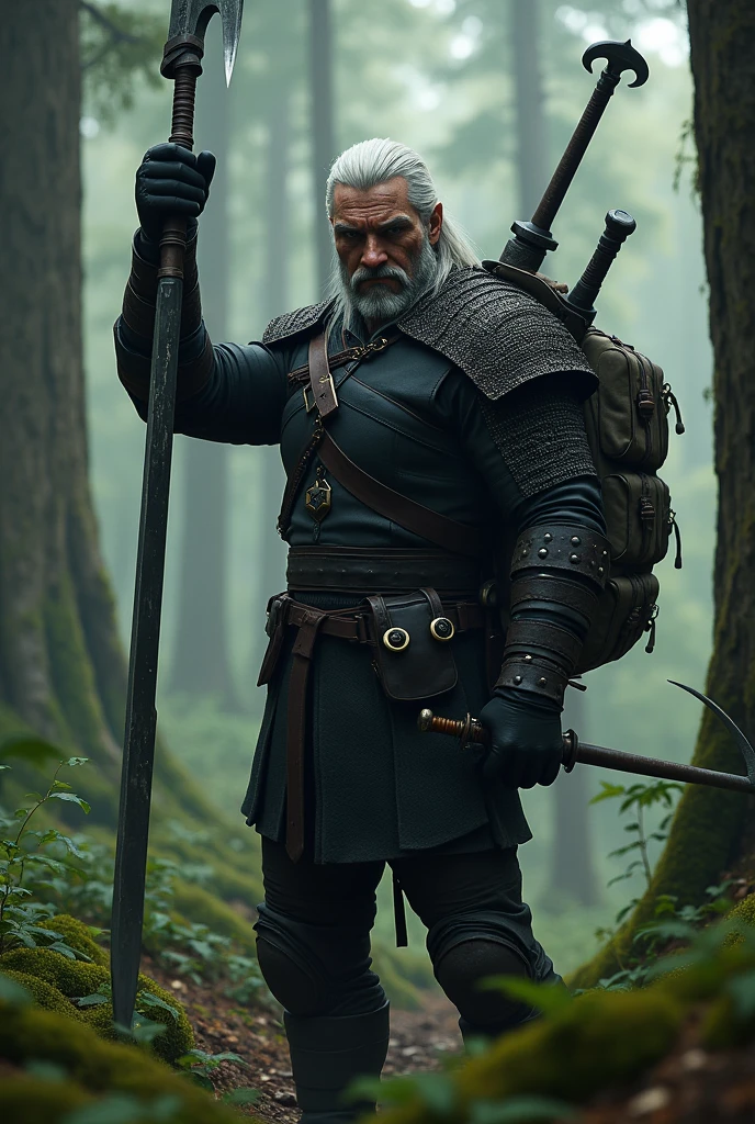 Geralt of Rivia wearing black leather bindings and holding a halberd with both hands in the middle of the forest, with a big backpack on his back and a big sword at his waist, ready for combat