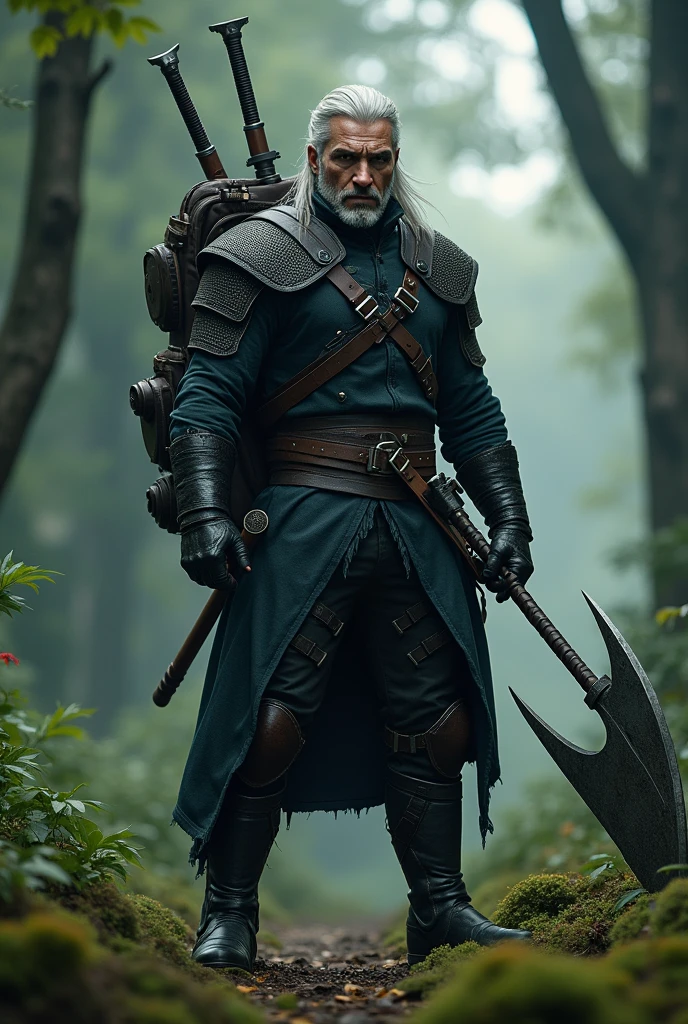 Geralt of Rivia wearing black leather bindings and holding a halberd with both hands in the middle of the forest, with a big backpack on his back and a big sword at his waist, ready for combat