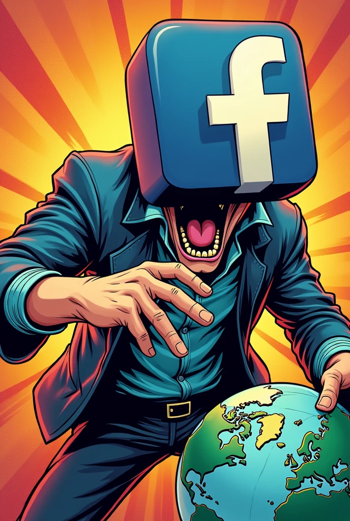 Person who have a head of facebook logo
Gesture and pose:
Facebook head open mouth wanting to eat the clock while on right hand manipulating the earth
Make it a comic style use a vibrant colours