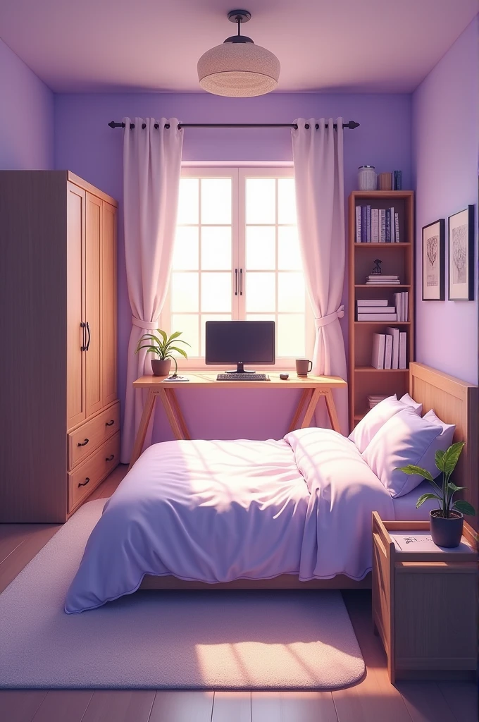 A large lilac room with a bed in the center, a wardrobe with a curtained window and a table with a laptop, a television in front of the bed with a shelf on the right side and a door for the companion with a book shelf above the laptop. 