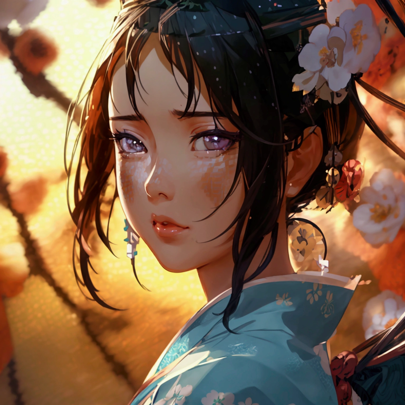a beautiful detailed portrait of Hinata Hyuga from naruto shippuden, beautiful detailed eyes, beautiful detailed lips, extremely detailed face and skin, long eyelashes, delicate feminine features, serene expression, traditional japanese kimono, intricate floral patterns, soft lighting, warm color palette, cinematic composition, masterpiece, (best quality, 8k, highres, ultra-detailed, photorealistic:1.4)