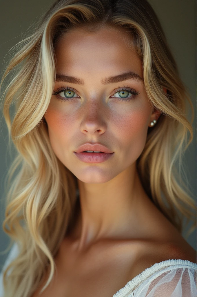 Caucasian female, clear green eyes, blondie hair, big and wavy