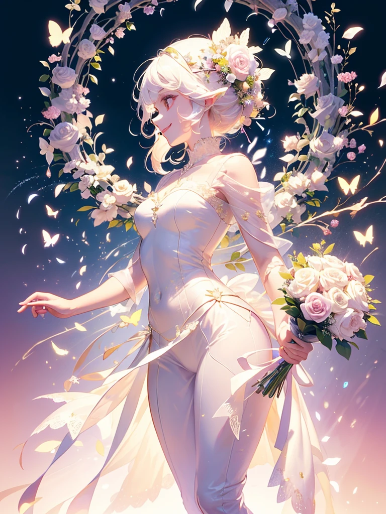 (masterpiece、Highest quality、Highest quality、Beautiful and beautiful:1.2)、(Excellent anatomy:1.5)、Milky white straight hair girl、Butterfly Fairy、Floral costume、A radiant smile、Sparkling eyes、profile、Flowers and leaves on head、Holding a bouquet、Rose Garden