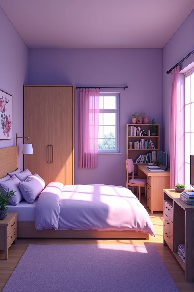 A large lilac room with a bed in the center, a wardrobe with a curtained window and a table with a laptop, a television in front of the bed with a shelf on the right side and a door for the companion with a book shelf above the laptop. 