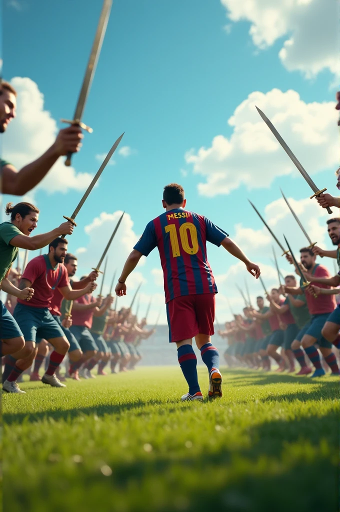 Everyone took their swords and ran to attack Lionel Messi.