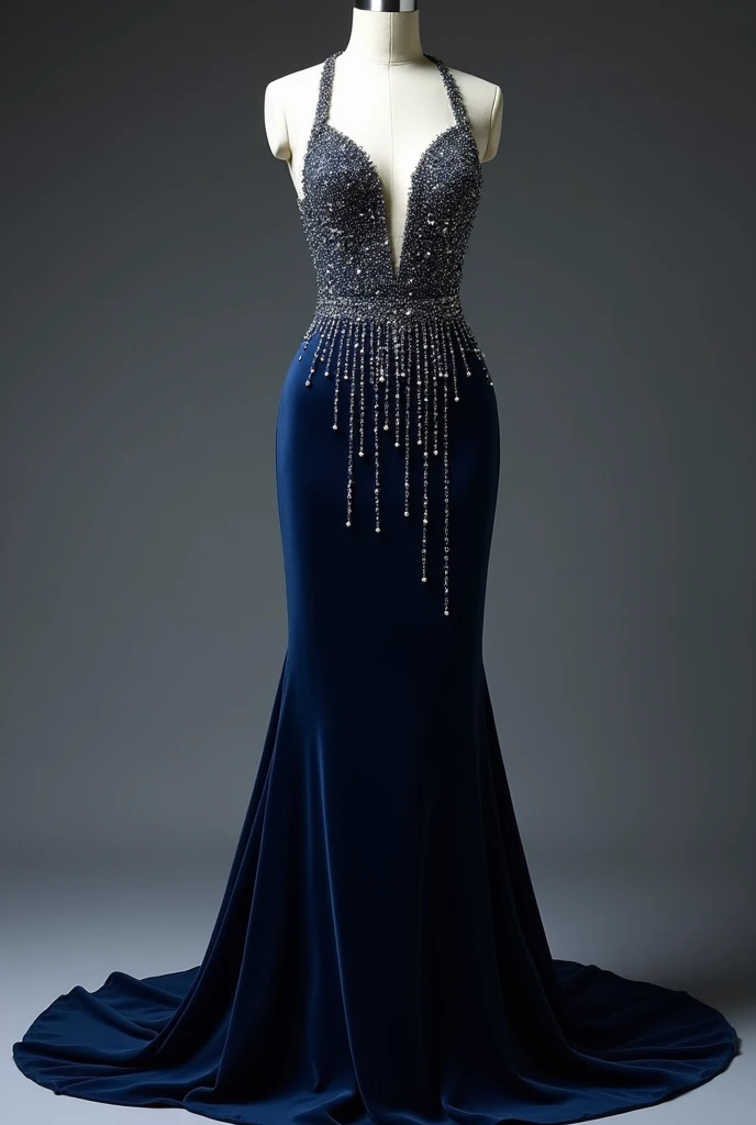 Robe bleu foncé, serre au corps mettant en valeur la silhouette féminine, la robe est longue et divine, décoré majestueusement avec des cristaux et des perles qui tombes comme des larmes, la robe doit être sur un mannequin sans visage