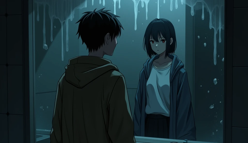 On a pitch-black night, a multitude of dark clouds covered the upper part of a university campus. In a bathroom near a building, water stains clung to the mirror. A tall, slender young man with short dark hair, wearing a raincoat and a white shirt underneath, was looking at the mirror. After a moment, a woman appeared behind him. She wore a hoodie over a white collared shirt and a black skirt, with shoulder-length black hair. She stared at the same mirror, but due to the darkness, her face was not clearly visible.
