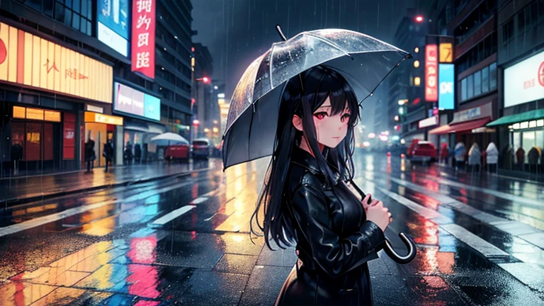 Please focus on drawing a woman sheltering from the rain.。On a street corner in the city、A woman holds an umbrella while worrying about her wet hair、Staring at the rain with a moist expression。In the background、The dimly reflected neon lights of the city and the wet roads are depicted.、Make sure to highlight the female presence。