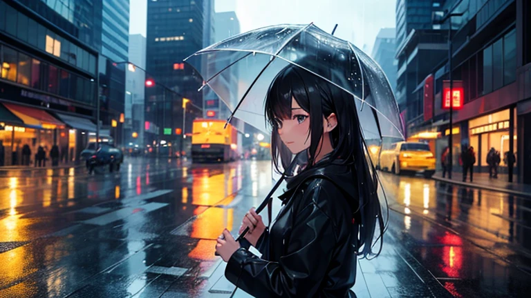 Please focus on drawing a woman sheltering from the rain.。On a street corner in the city、A woman holds an umbrella while worrying about her wet hair、Staring at the rain with a moist expression。In the background、The dimly reflected neon lights of the city and the wet roads are depicted.、Make sure to highlight the female presence。