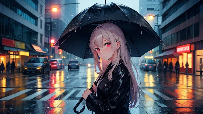 Please focus on drawing a woman sheltering from the rain.。On a street corner in the city、A woman holds an umbrella while worrying about her wet hair、Staring at the rain with a moist expression。In the background、The dimly reflected neon lights of the city and the wet roads are depicted.、Make sure to highlight the female presence。