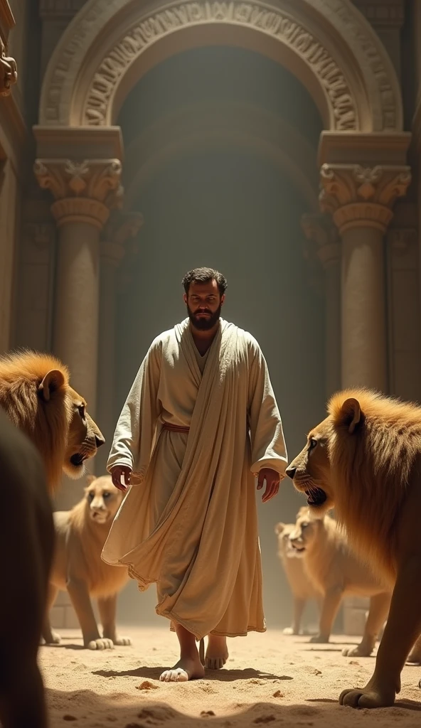 (Ultrarealistic 8k Image), (best qualityer), Daniel coming out of the lions&#39; den unharmed.