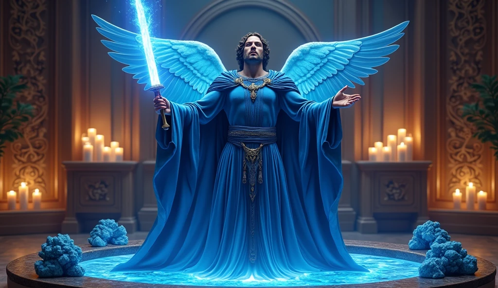 ultra realistic image of archangel michael chic velvet tunic and blue cape, with his blue flame sword blessing the house, in the background, living room with wooden cabinet, many blue candles lit, blue kyanite crystals, and a beautiful water source, convey depth