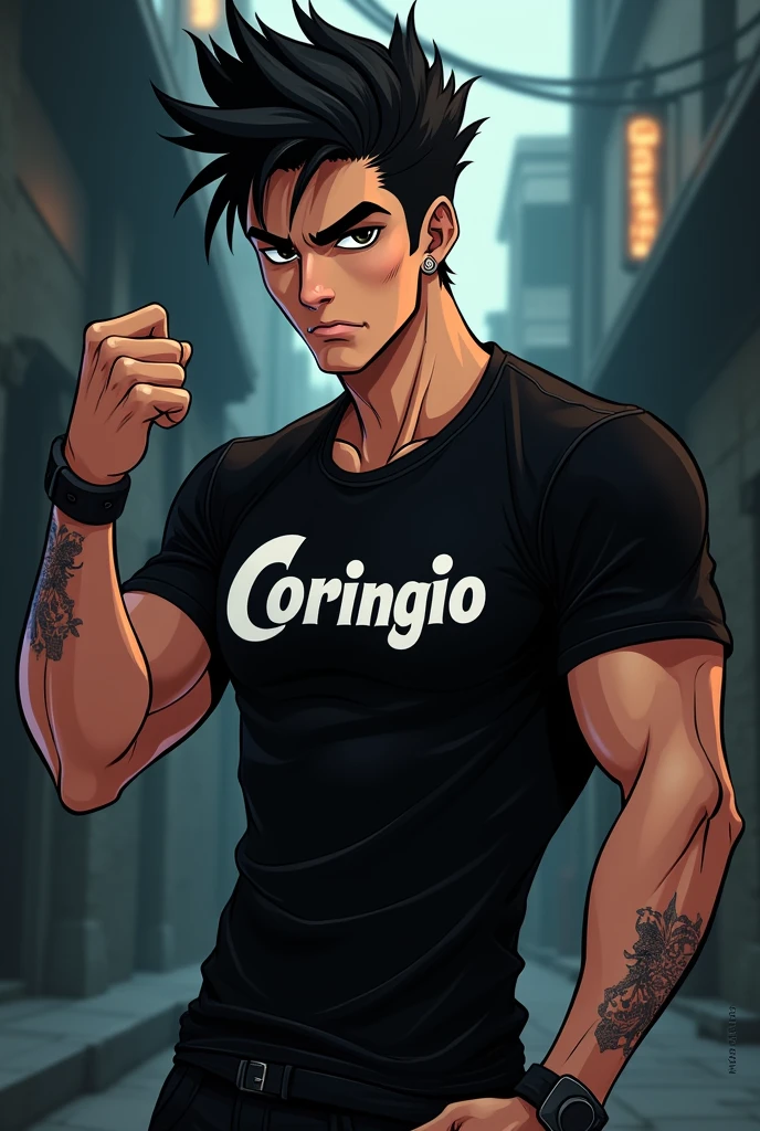 Cartoon style male character, with black spiky hair, with black eyes, dressed in the black Coringão shirt, blacksad