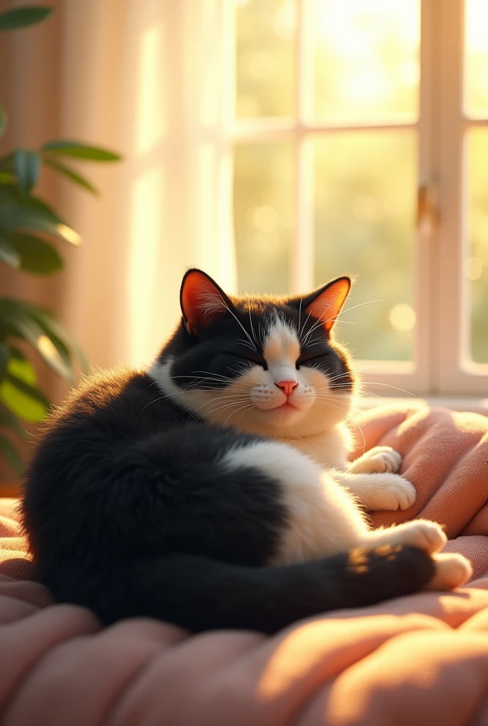 A chubby black and white cat is sleeping with the bright sunlight shining through the window