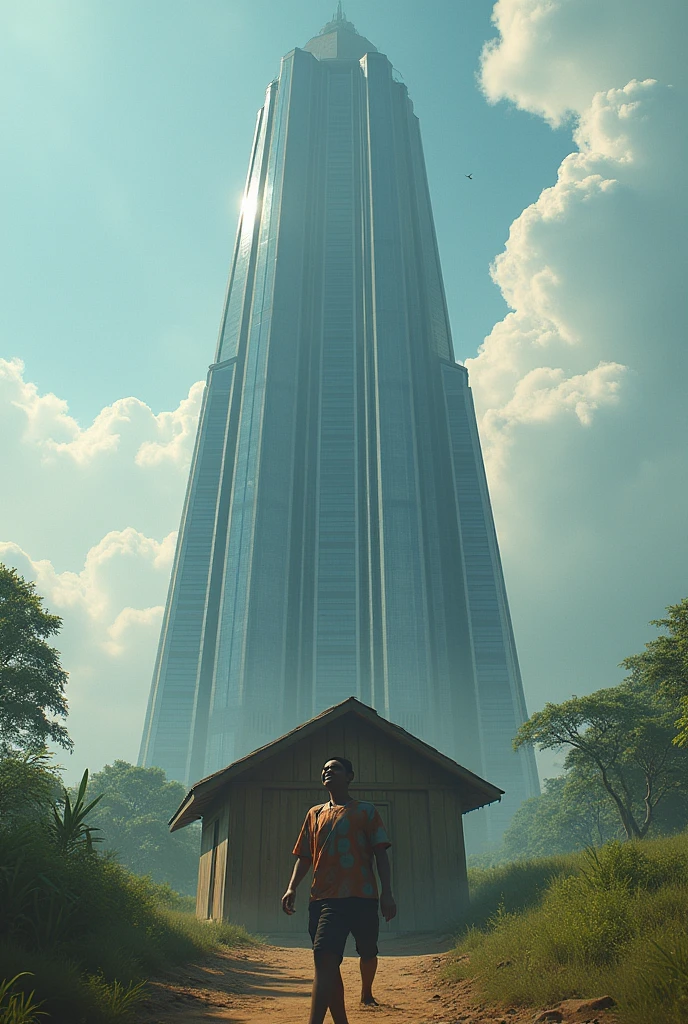 A hundred floors building and besides it a small hut and one is very happy and another one is crying in Bangladesh 