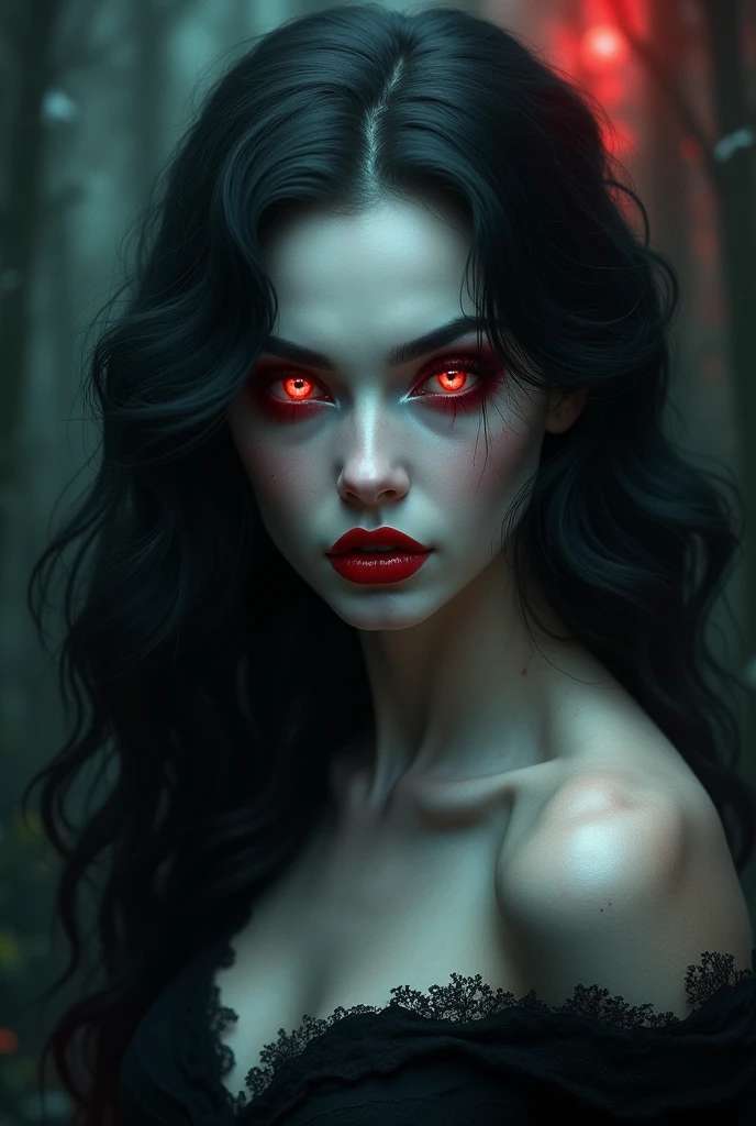 Très belle femme vampire avec des canines de vampire apparent et des yeux rouges, elle a  aussi des pouvoirs