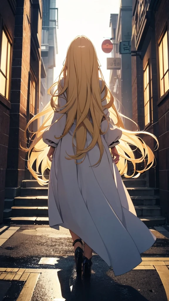 １people,Blonde long-haired woman，Long coat， Dress Silhouette， Rear View， Anime Style,evening，that&#39;it&#39;s raining， Autumn Festival Street，night，View of the city from the top of the stairs，