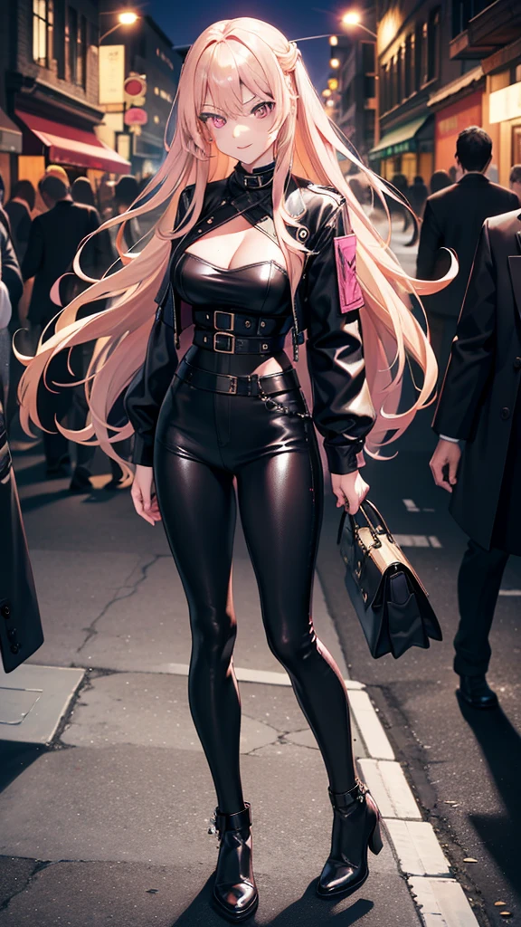 One adult woman, pink eyes, long blonde hair, black leather, smirk, street night