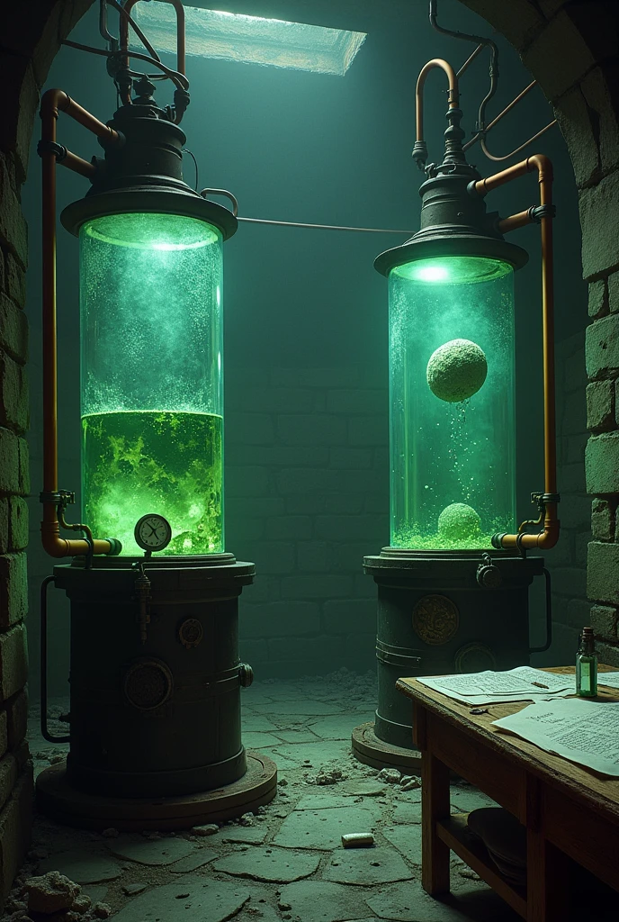 The chamber is cold and damp, with broken vials and ampoules scattered across the stone floor. Oak tables are covered with detailed notes on biological experiments. In the center of the room, two large glass tanks are connected to copper tubes, one broken and the other containing a pulsating green liquid and something indistinct floating inside it: but it&#39;s definitely organic. Medieval style with steam punk.