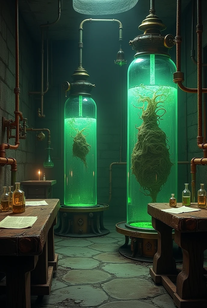 The chamber is cold and damp, with broken vials and ampoules scattered across the stone floor. Oak tables are covered with detailed notes on biological experiments. In the center of the room, two large glass tanks are connected to copper tubes, one broken and the other containing a pulsating green liquid and something indistinct floating inside it: but it's definitely organic. Medieval style with steam punk.