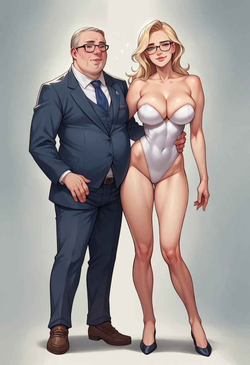 8k, Hyperrealistic body shot of pale blonde skinned woman being hugged from behind by a 90 year old fat man wearing glasses in a suit. Mulher com vestido curto, full body, big cleavage, girl fitness sexy hot, Girl with wide hips, Tru Kait face, Hugging