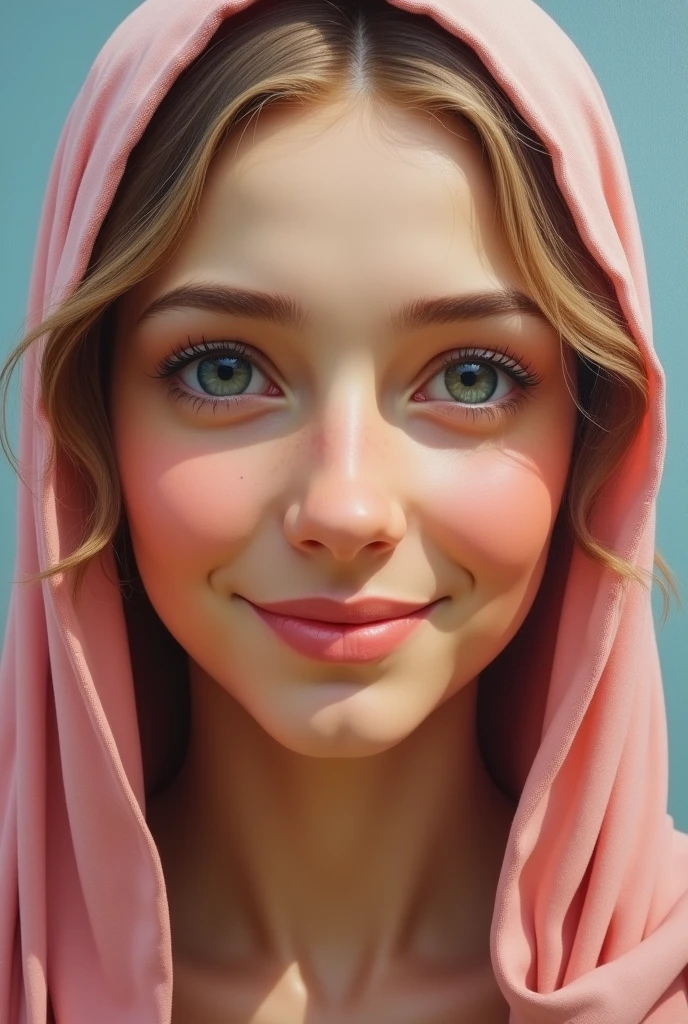 Realistic oil painting style, front view, close-up, the Virgin Mary is smiling at the camera, looks kind and temperament, Maria wears a pink headscarf. The skin is delicate and real, and the picture is clear and bright.